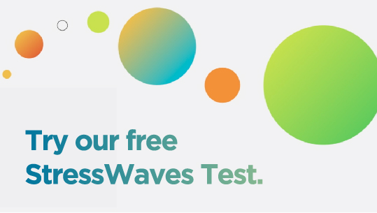 white-background banner with the text ‘Try our free StressWaves Test’ 